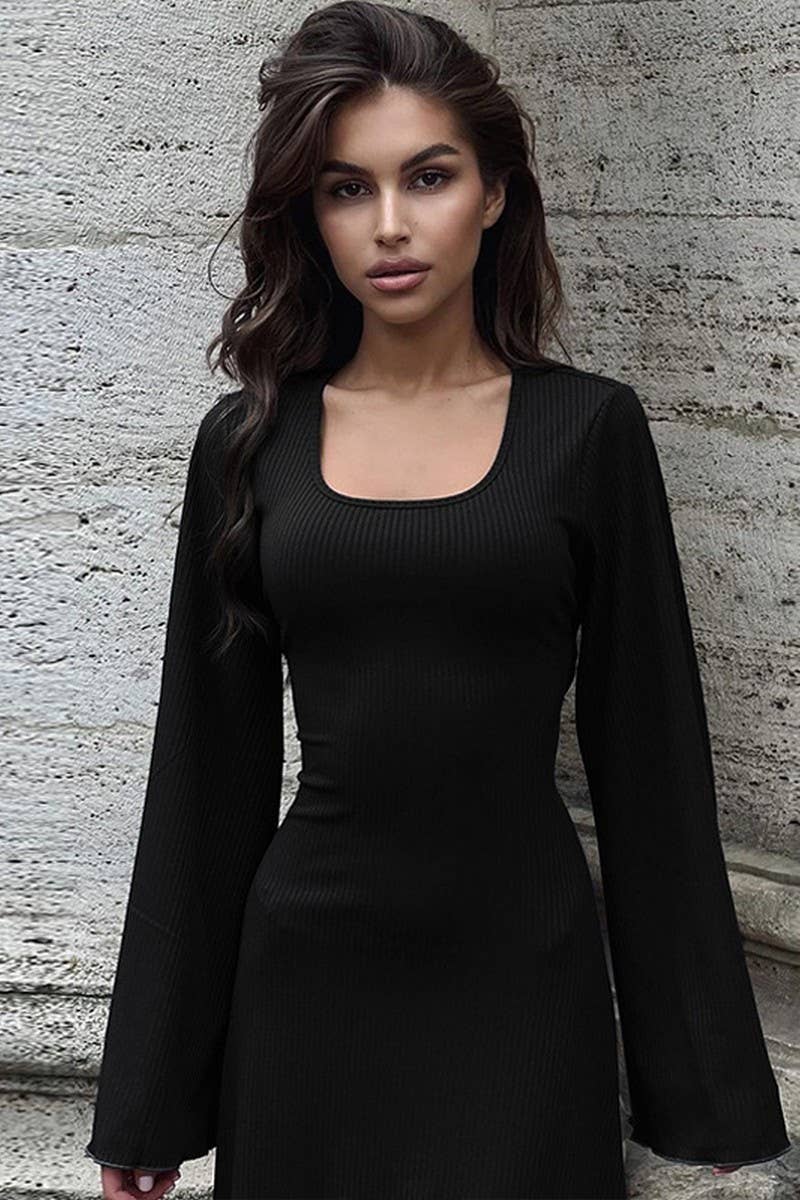 CWDMD4948_OVERSIZED TIE-DETAIL RIBBED LONG SLEEVE DRESS