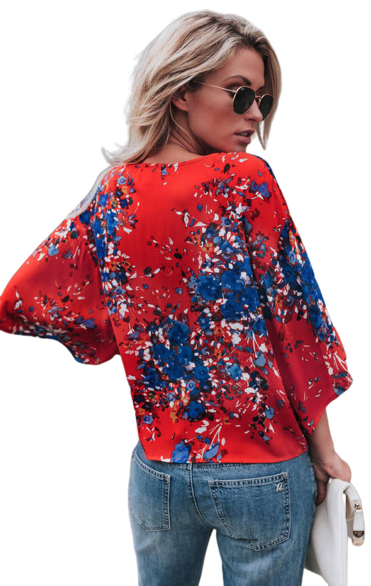 V-neck knotted printed loose sleeved top