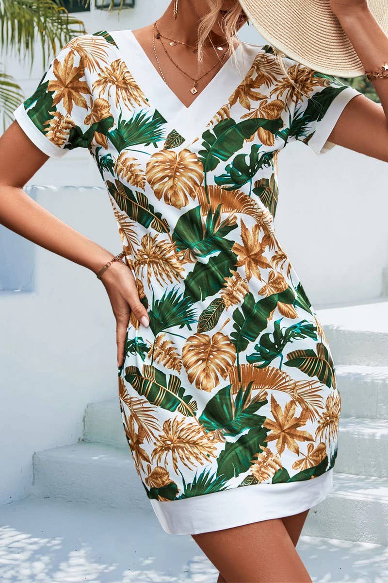 V NECK PATCHWORK PRINT DRESS_CWDSD2660