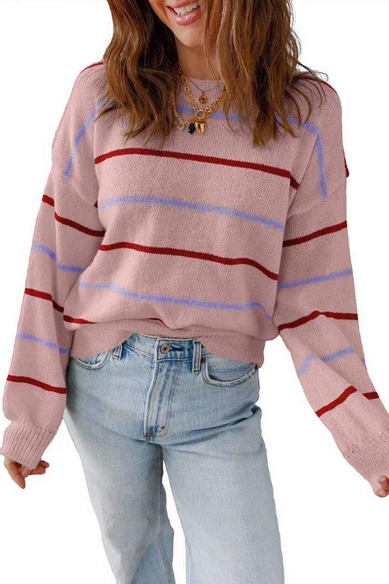 CWOSWL07153_CASUAL COLORFUL STRIPED LOOSE PULLOVER SWEATER