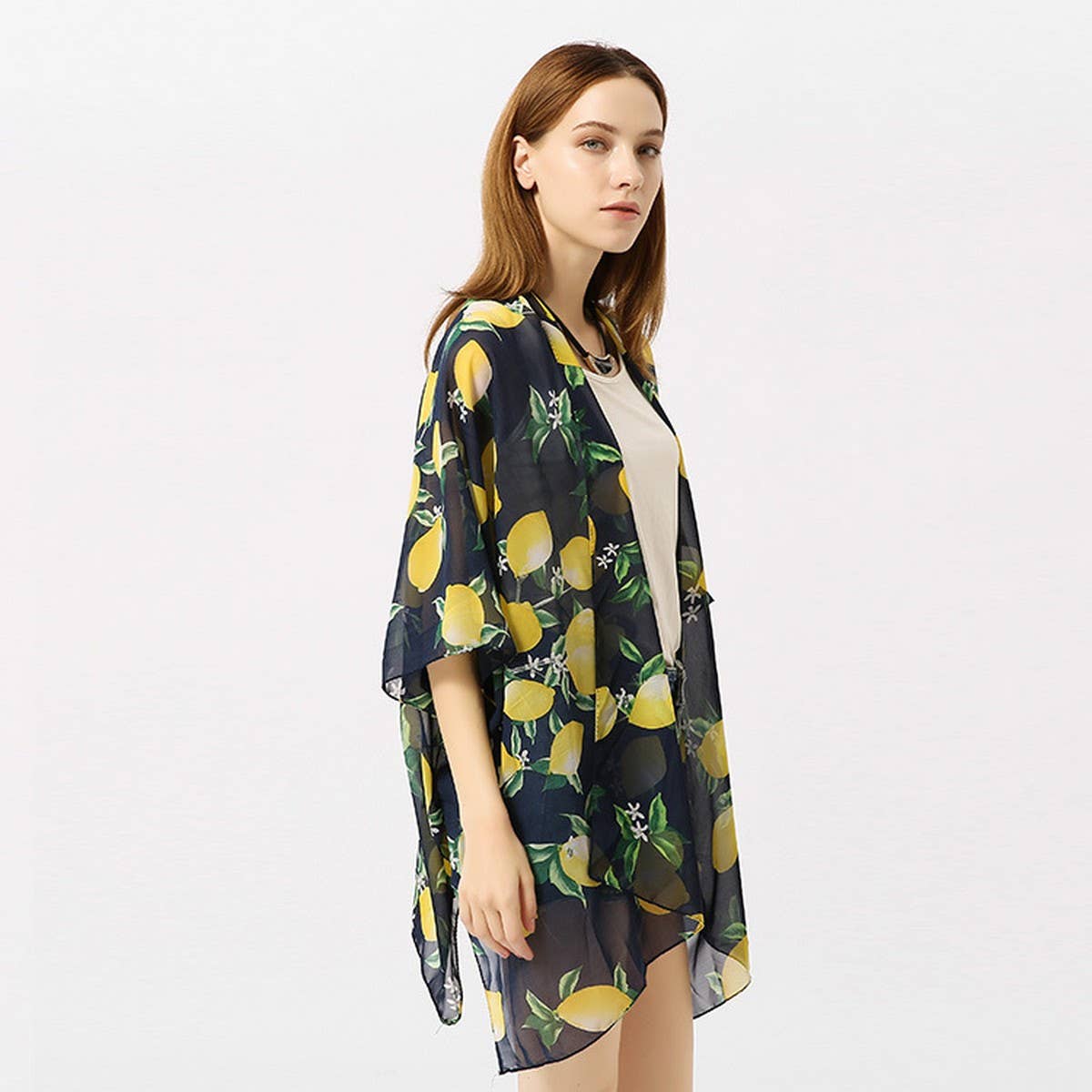 LEMON PRINT OPEN FRONT KIMONO CARDIGAN FOR SUMMER
