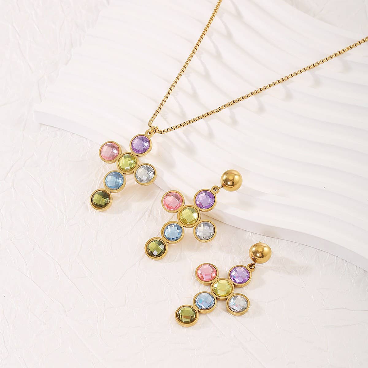 Stainless Steel Cross Necklace & Earrings Set_CWMM8890