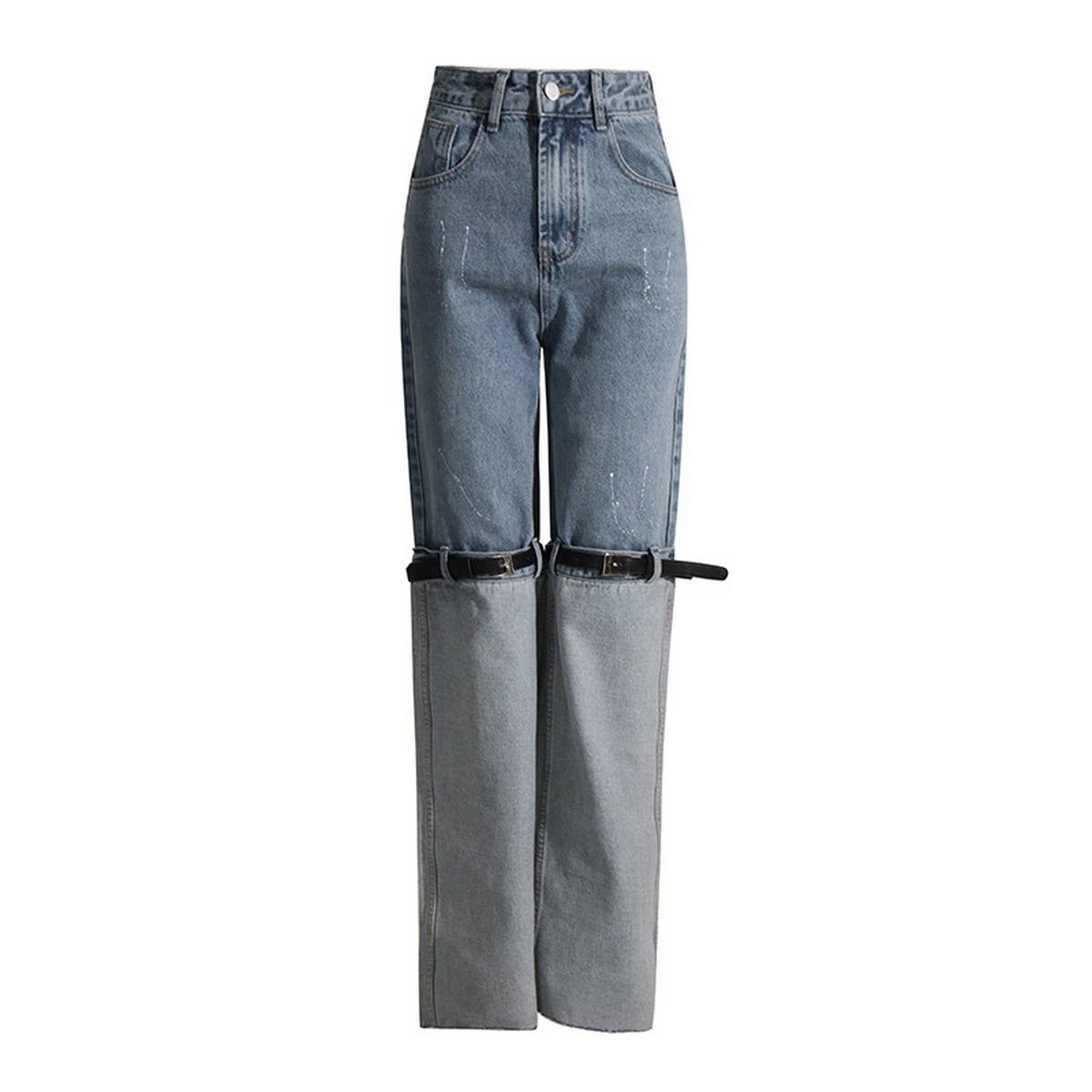 WOMENS HIGH WAISTED STRAIGHT LEG PATCHWORK JEANS