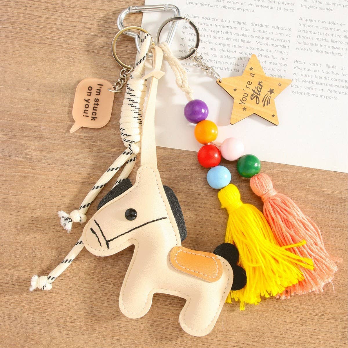 Cream PU Pony Tassel Star Bag Charm Keychain
