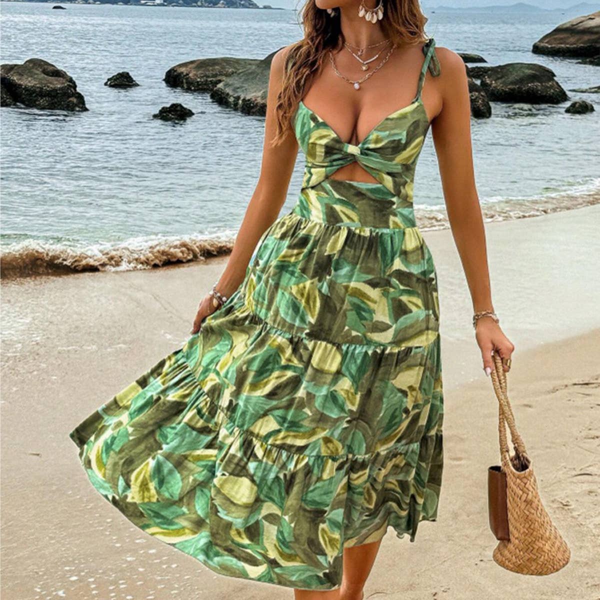 Holiday casual halter print kink cutout dress