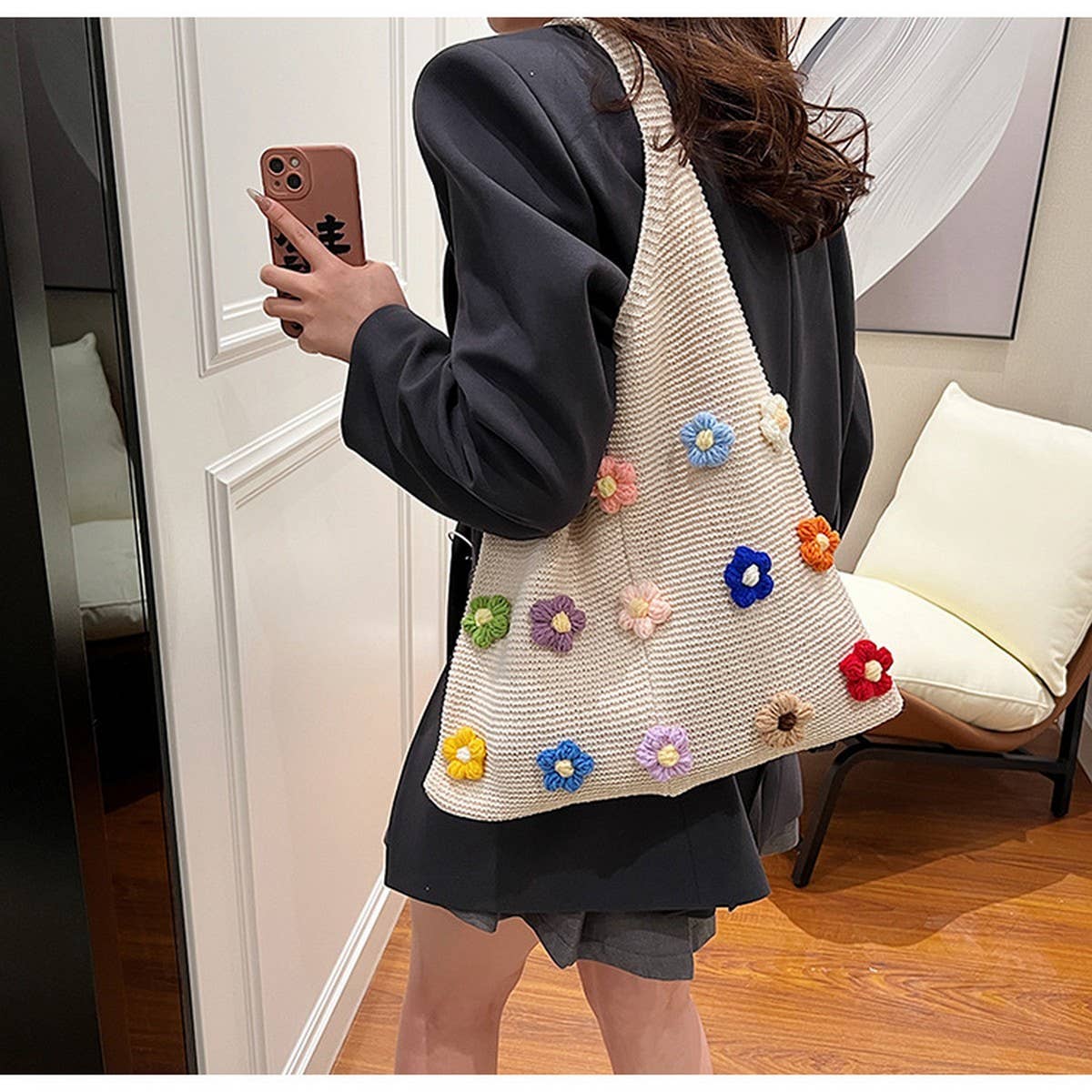 CUTE WOOL FLOWER CROCHET TOTE BAG_CWAB2409