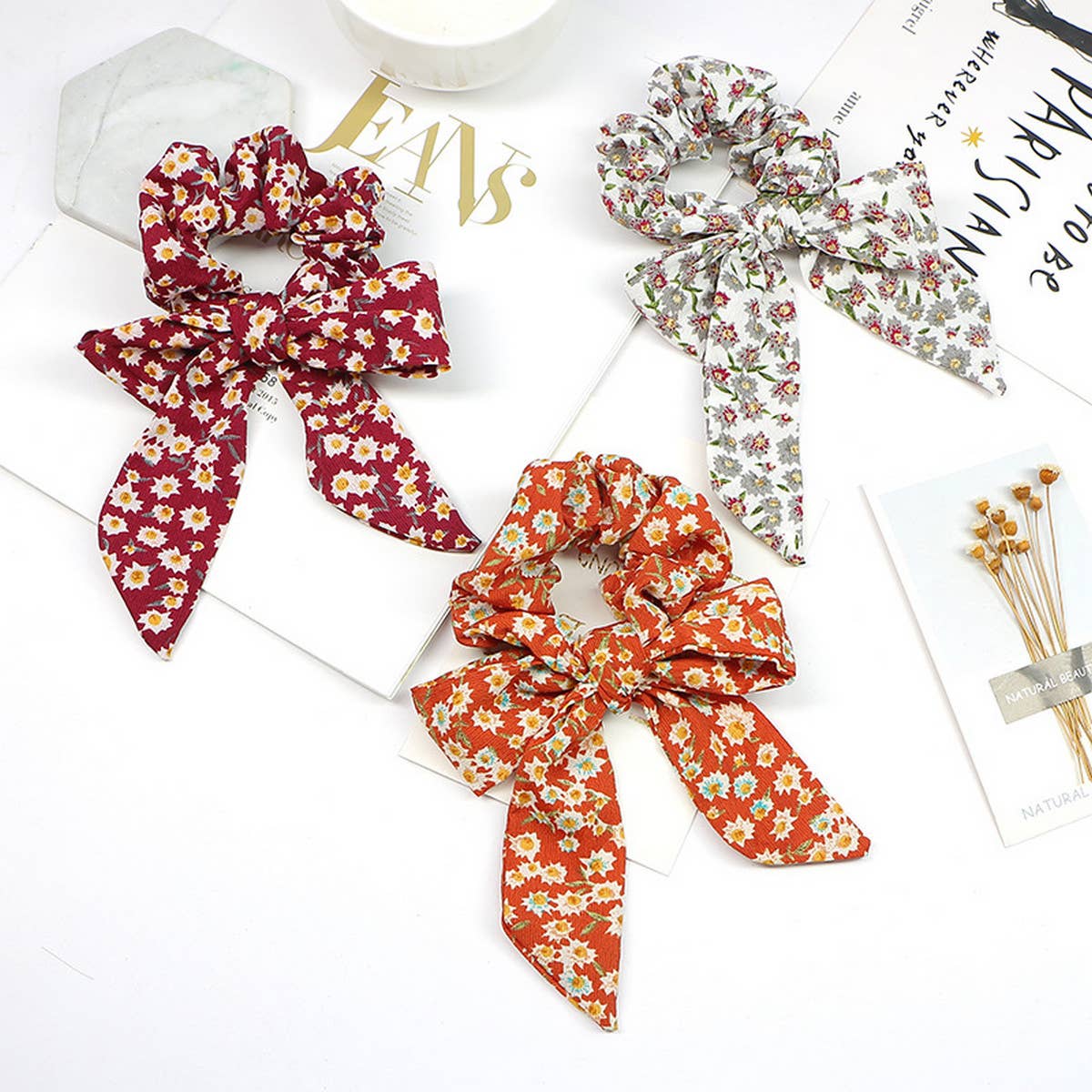SIMPLE PRINTED RIBBON BOW HAIR TIE_CWAHA1067
