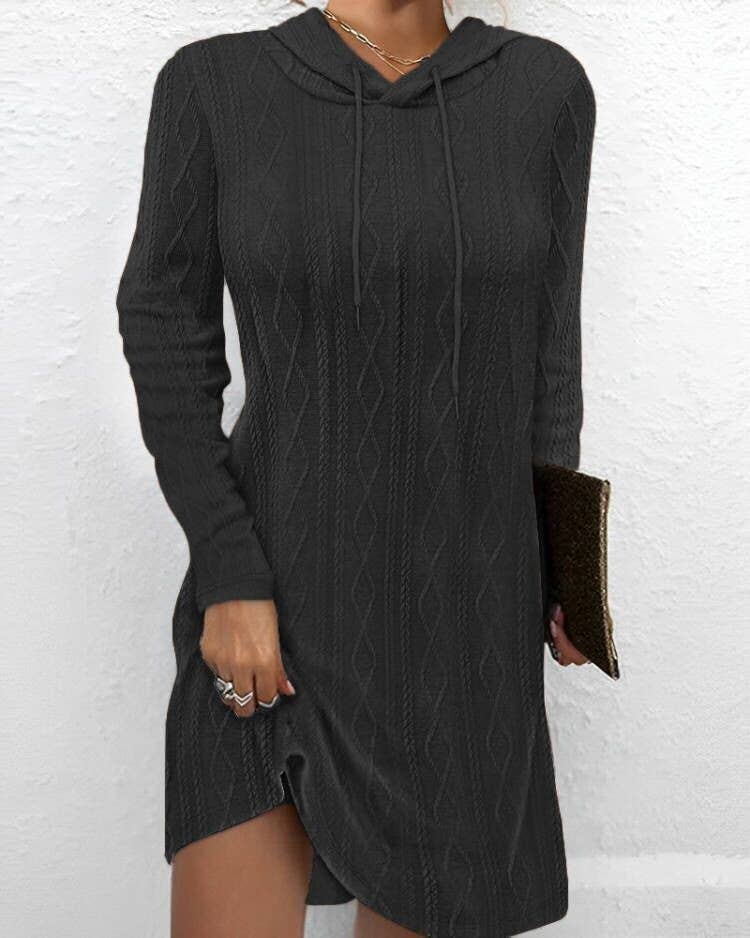 SOLID COLOR LONG-SLEEVED HOODED JUMPER KNIT DRESS