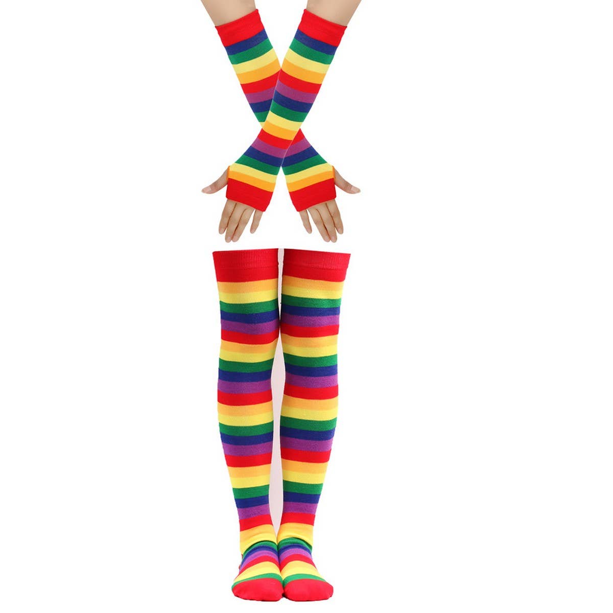COLORFUL STRIPED KNEE SOCKS AND GLOVES SET