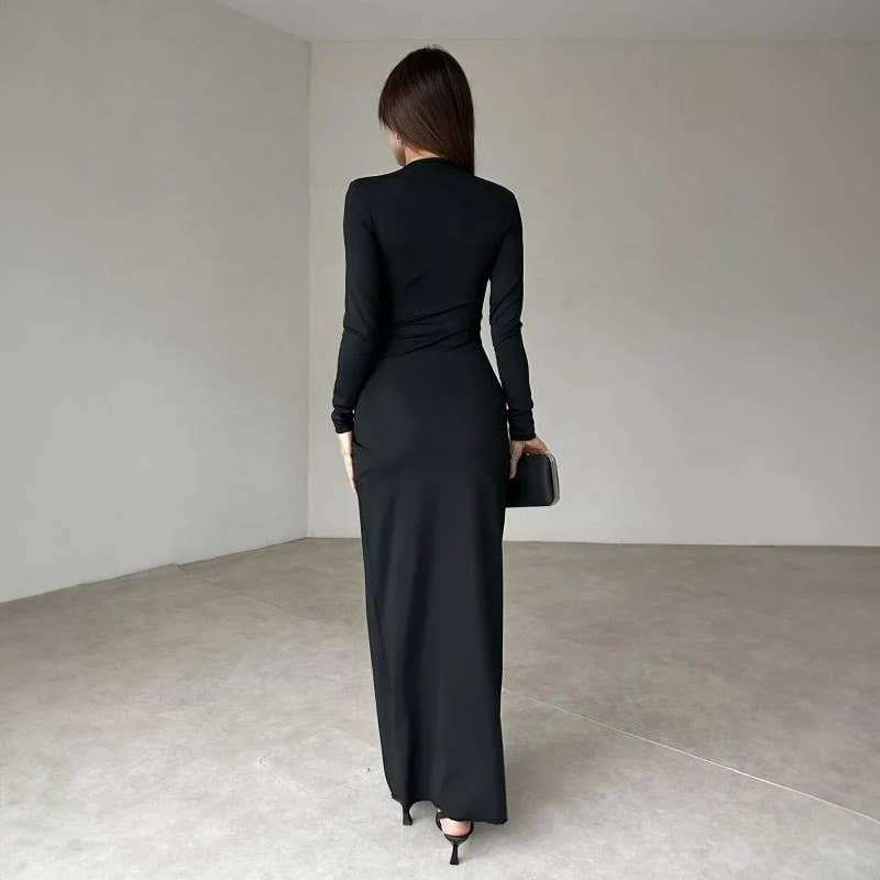 STYLISH V-NECK SLIM-FIT HIGH-WAISTED SLIT DRESS