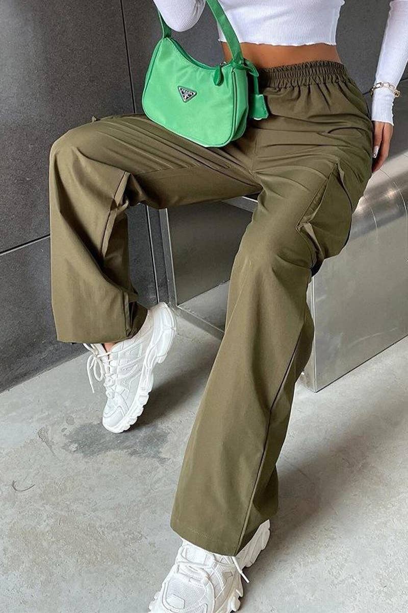 SOLID COLOR HIGH-WAISTED POCKET CARGO PANTS