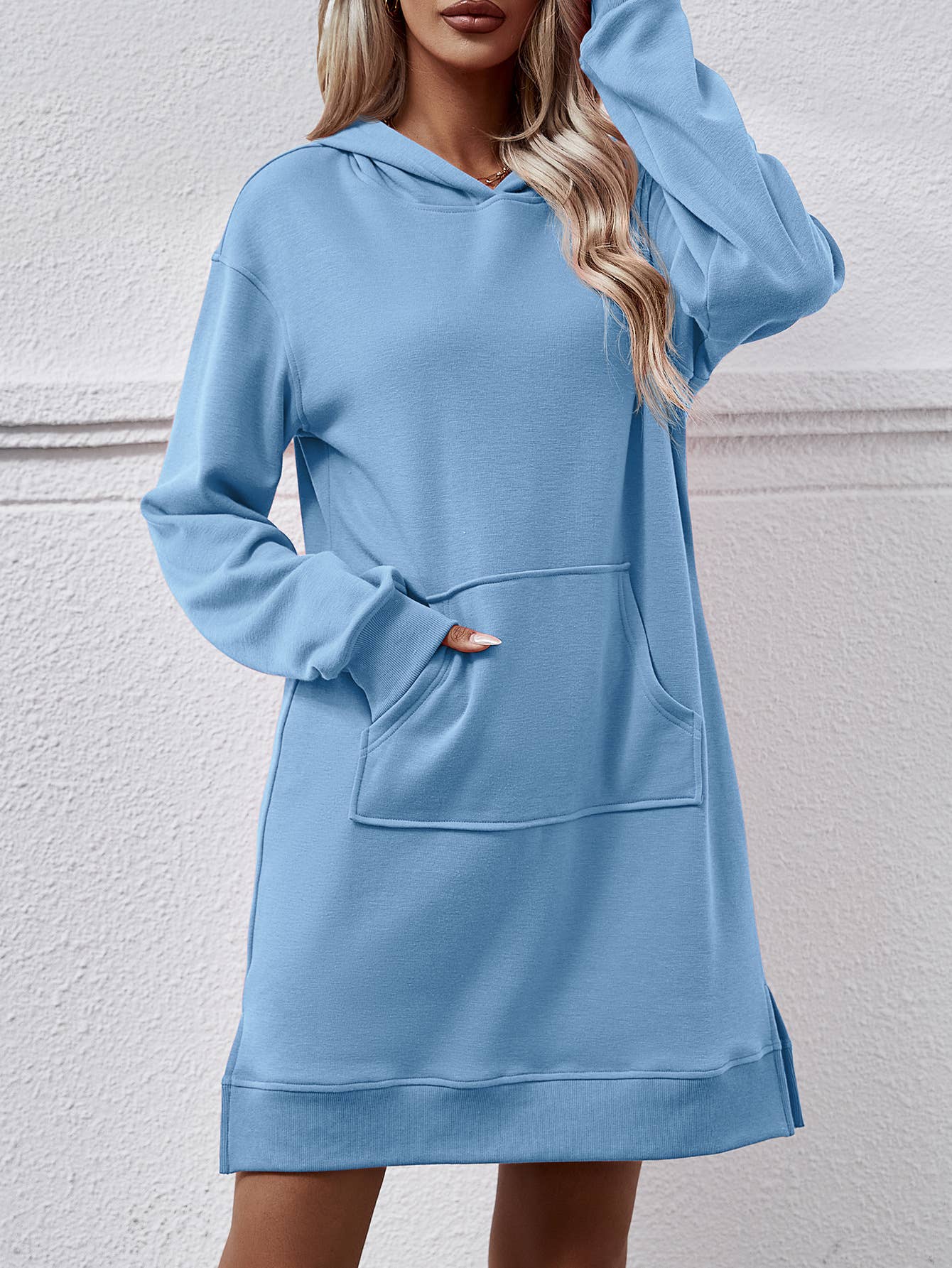 Hooded long-sleeved kangaroo pocket split dress