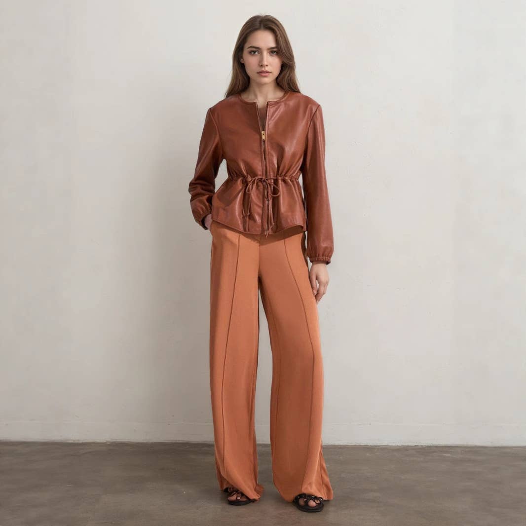 Round-neck drawstring waist leather jacket