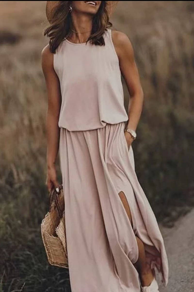 CWDMD5390_SOLID COLOR SLEEVELESS BALLOON LONG DRESS