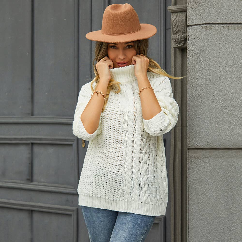 TWIST KNIT HALF TURTLENECK SOLID COLOR SWEATER