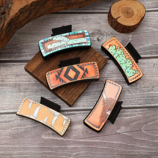 Western Cactus Bull Head Leather Hair Claw