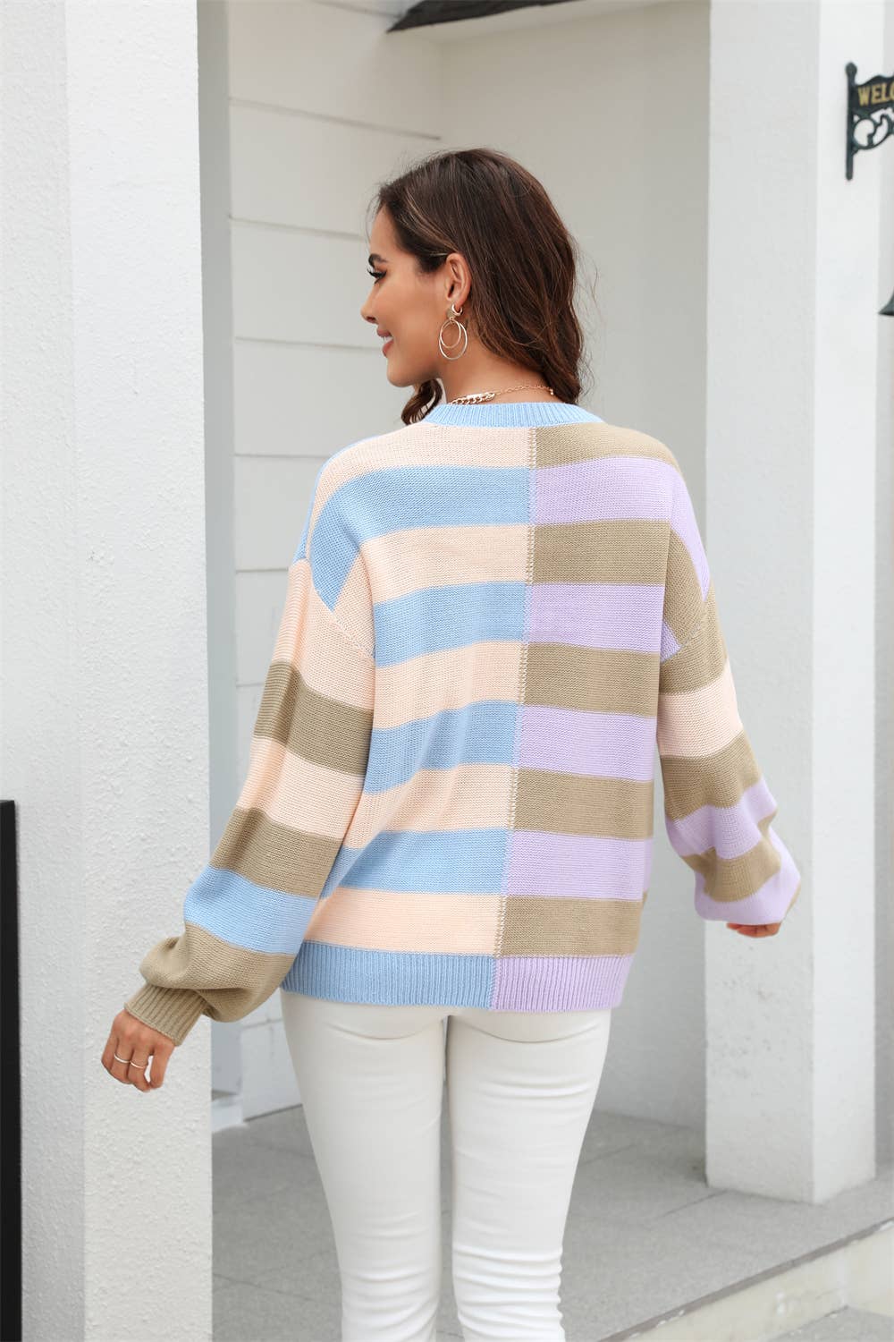 STRIPED CONTRA COLOR CREW NECK SWEATER PULLOVER