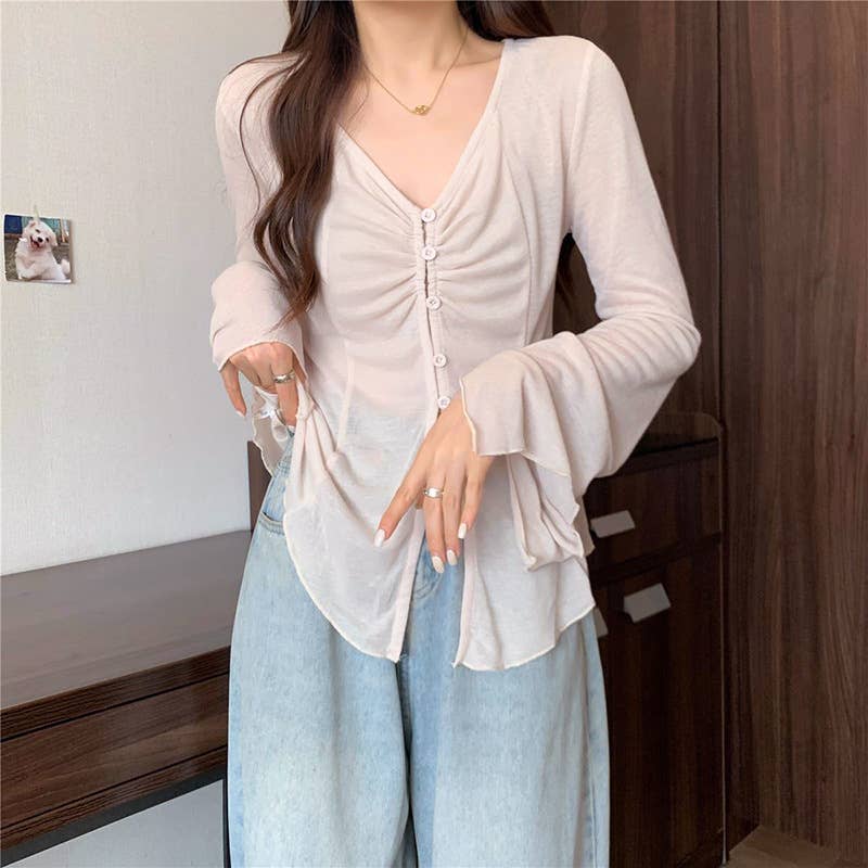 V-neck single breasted semi-transparent shirt