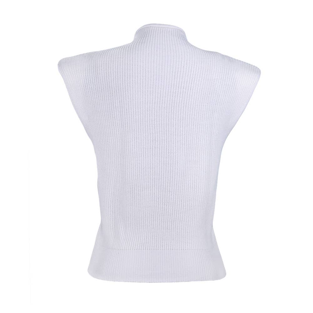 SOLID SLEEVELESS TURTLENECK SHOULDER PAD SWEATER