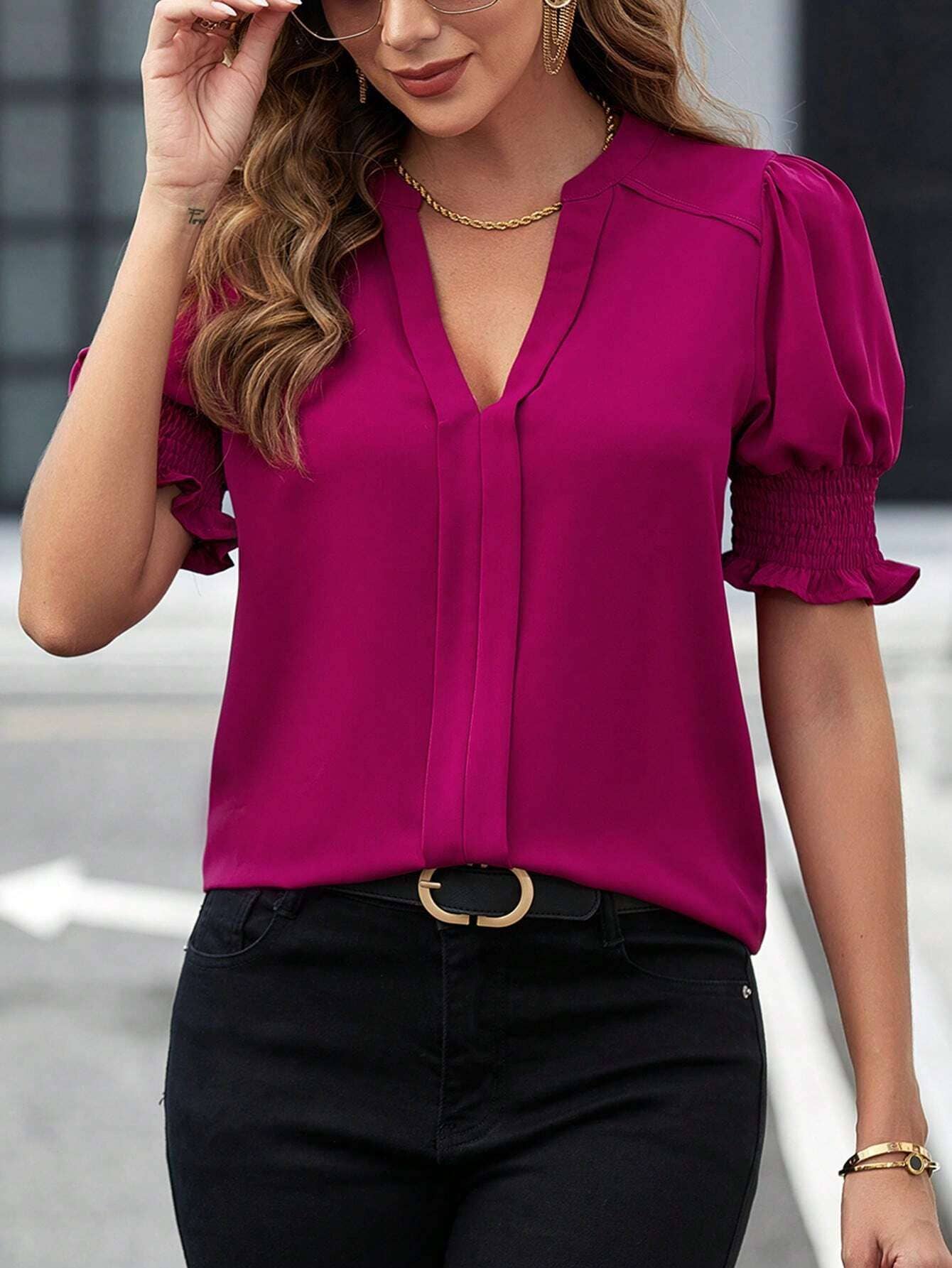 V-neck temperament puffy sleeve loose shirt