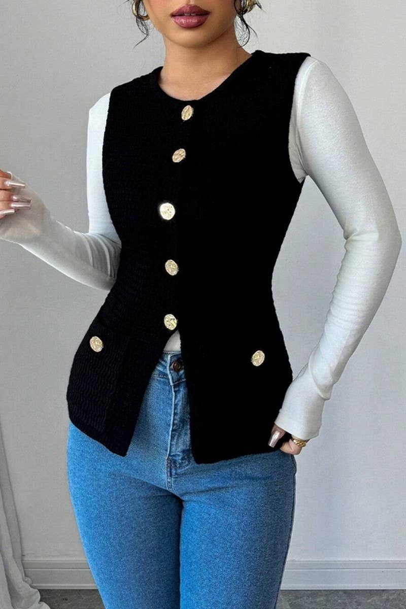CWOCASL0045_SOLID COLOR SLEEVELESS BUTTON VEST CARDIGAN