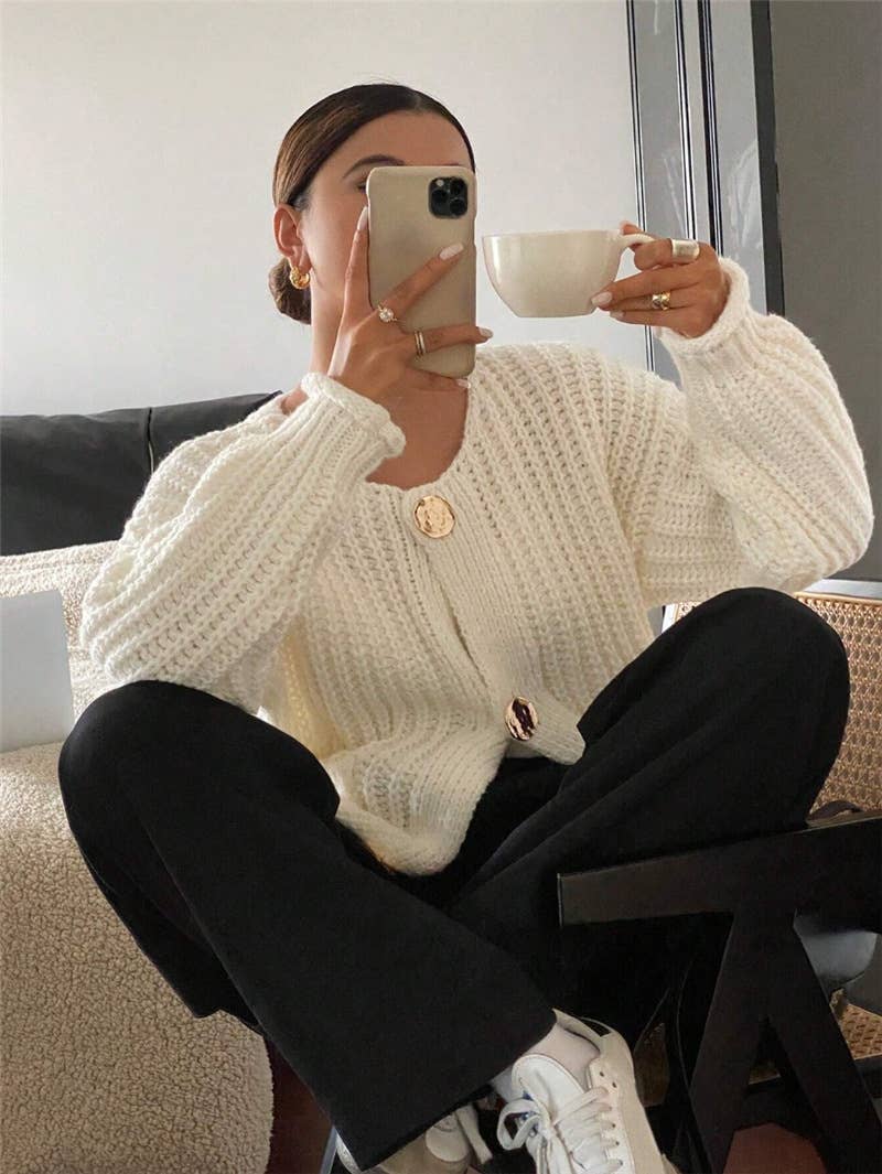 Three button long sleeve French cardigan