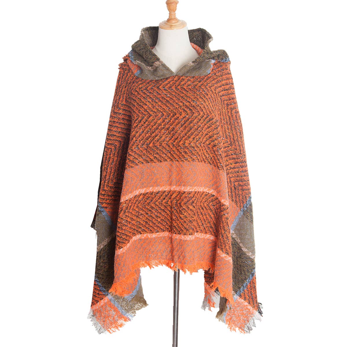 WOMEN HERRINGBONE PATTERN HOODED SHAWL