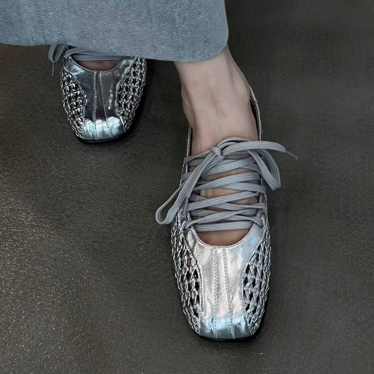 Soft Leather Retro Ballet Flats with Laces_CWSHF0154