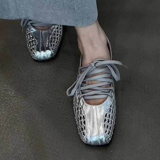 Soft Leather Retro Ballet Flats with Laces_CWSHF0154