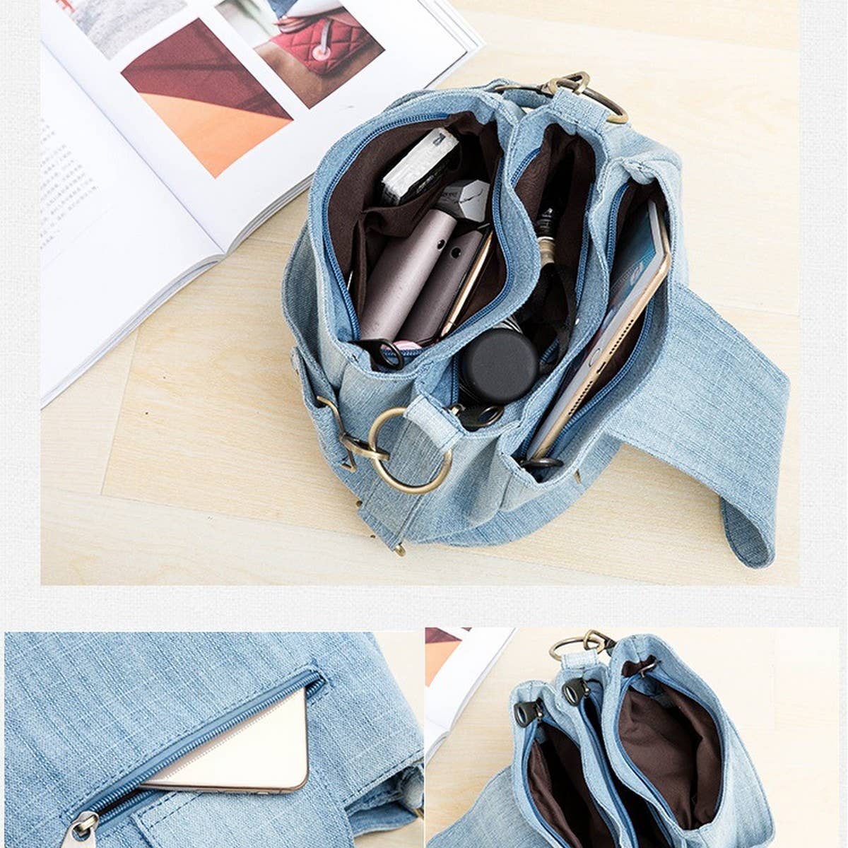 DENIM MULTI POCKET ONE SHOULDER BAG CROSSBODY BAG_CWAB1389