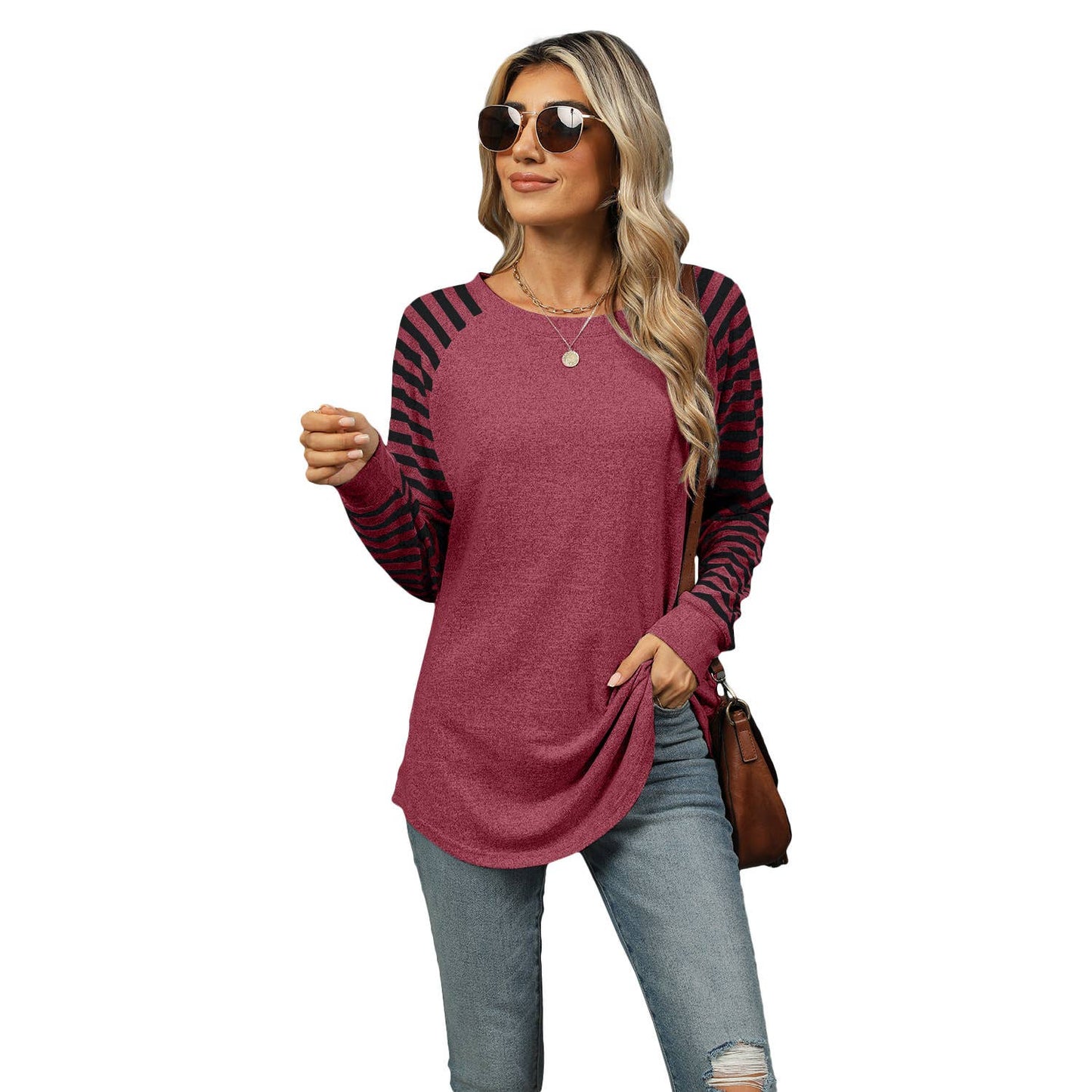 STRIPED PATCHWORK CREW NECK LONG SLEEVE T-SHIRT