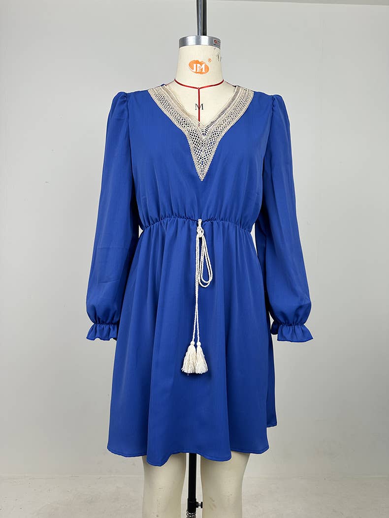 LONG SLEEVE LACE LACE FRINGE BELT DRESS