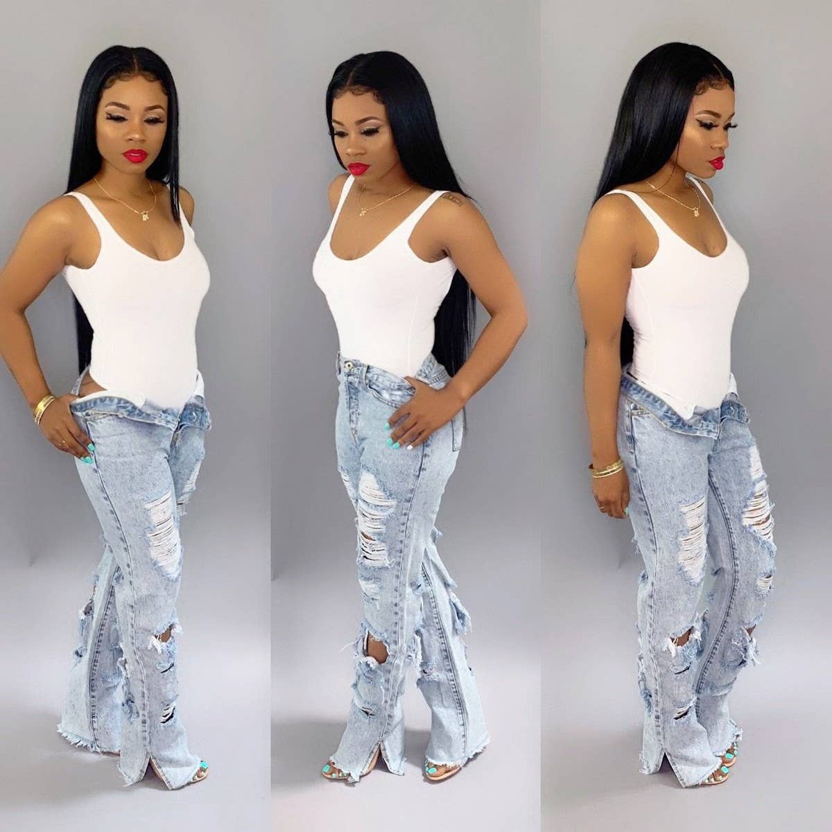 WOMENS HOLE TASSEL STRAIGHT DENIM PANTS_CWJP0085