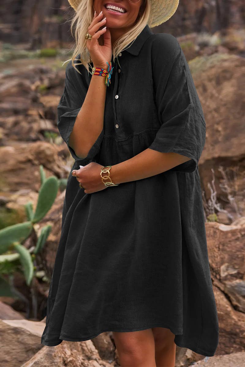 CWDSD8007_LOOSE SOLID COLOR CASUAL BUTTON FASHION DRESS