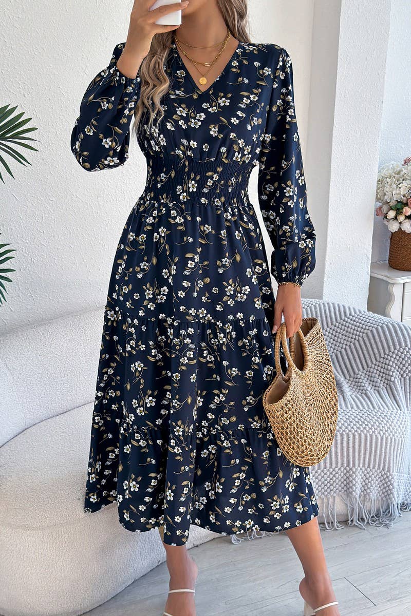 CWDMD6028_FLORAL V-NECK LONG SLEEVE RUFFLE WAIST DRESS