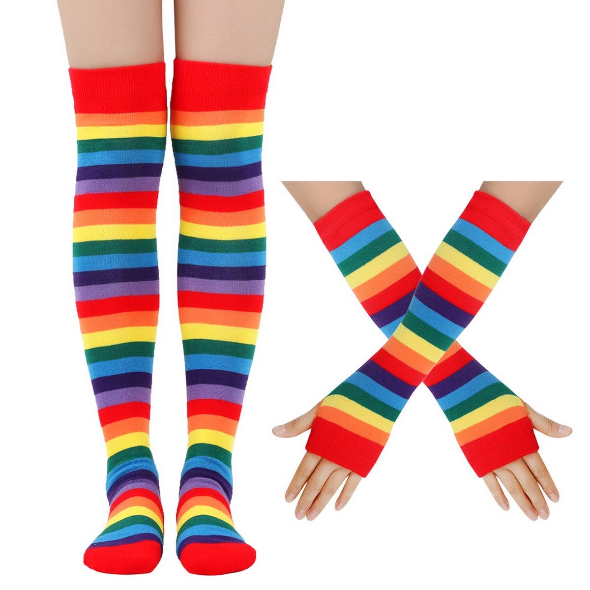 COLORFUL STRIPED KNEE SOCKS AND GLOVES SET