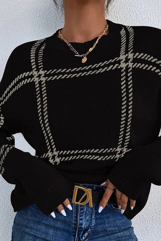 CWOSWL07350_PLAID COLORBLOCK CREWNECK KNIT SWEATER