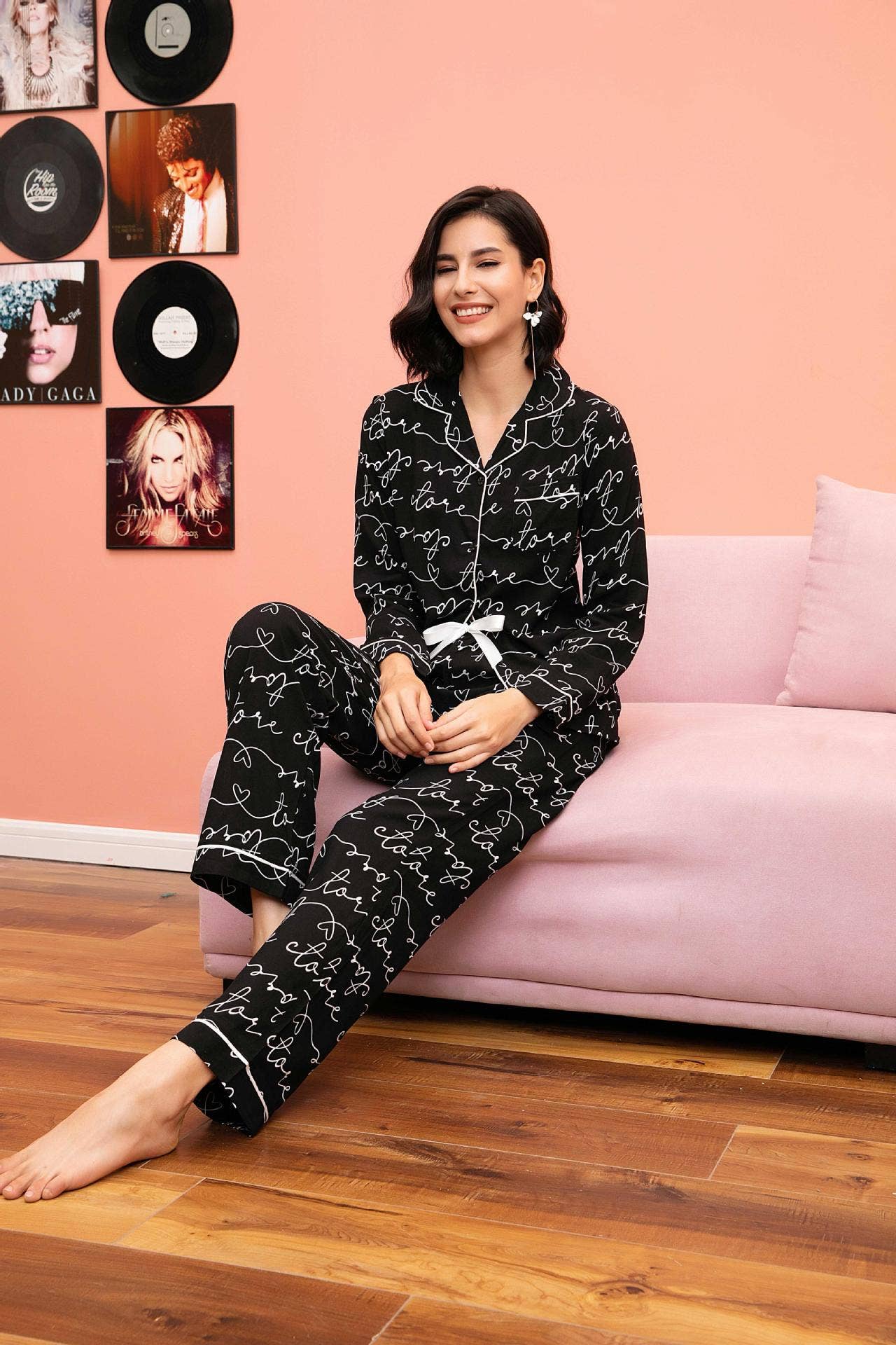 Lapel high-waisted straight-leg pajama set