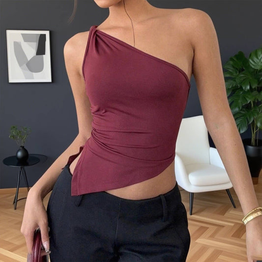 Solid-color knotted single-shoulder hem vest