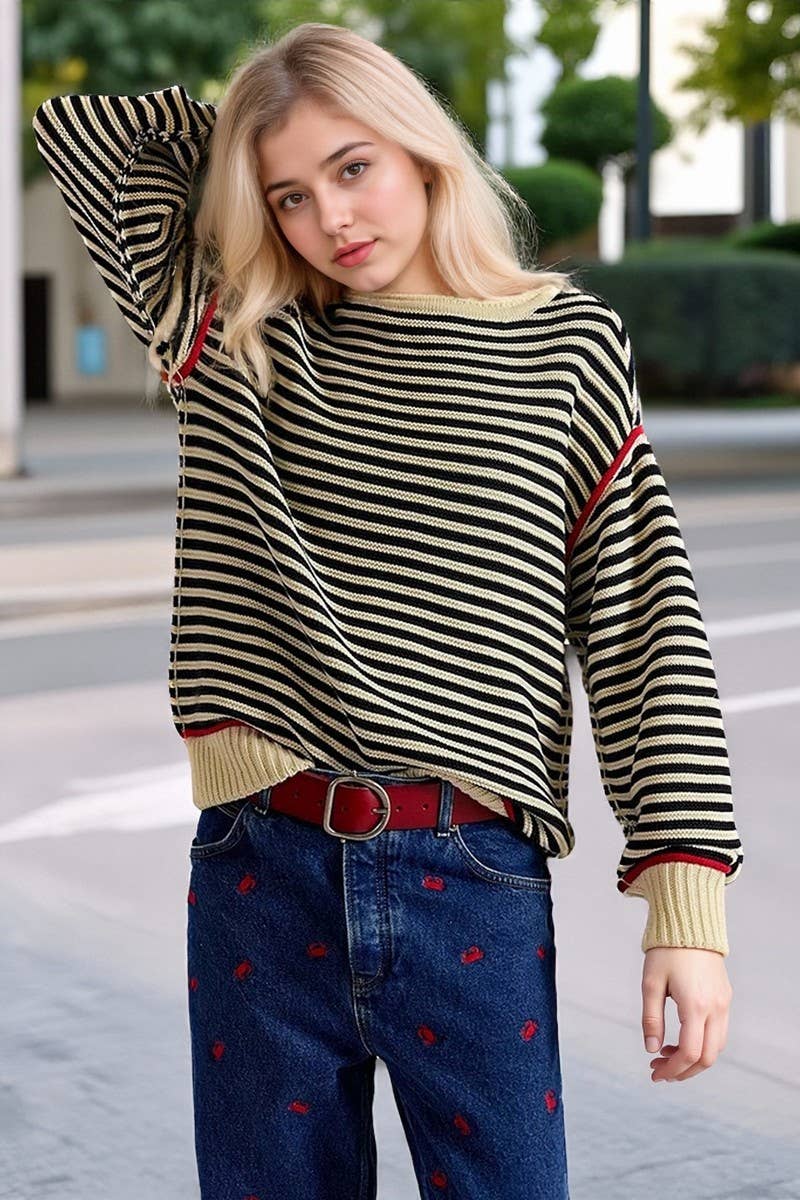 CWOSWL07746_2025 COLORBLOCK CASUAL LOOSE CREWNECK SWEATER