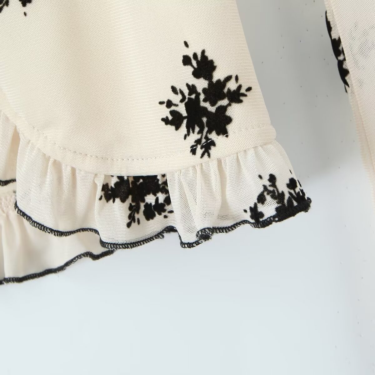 Floral Ruffle Mesh Cardigan V Neck Top