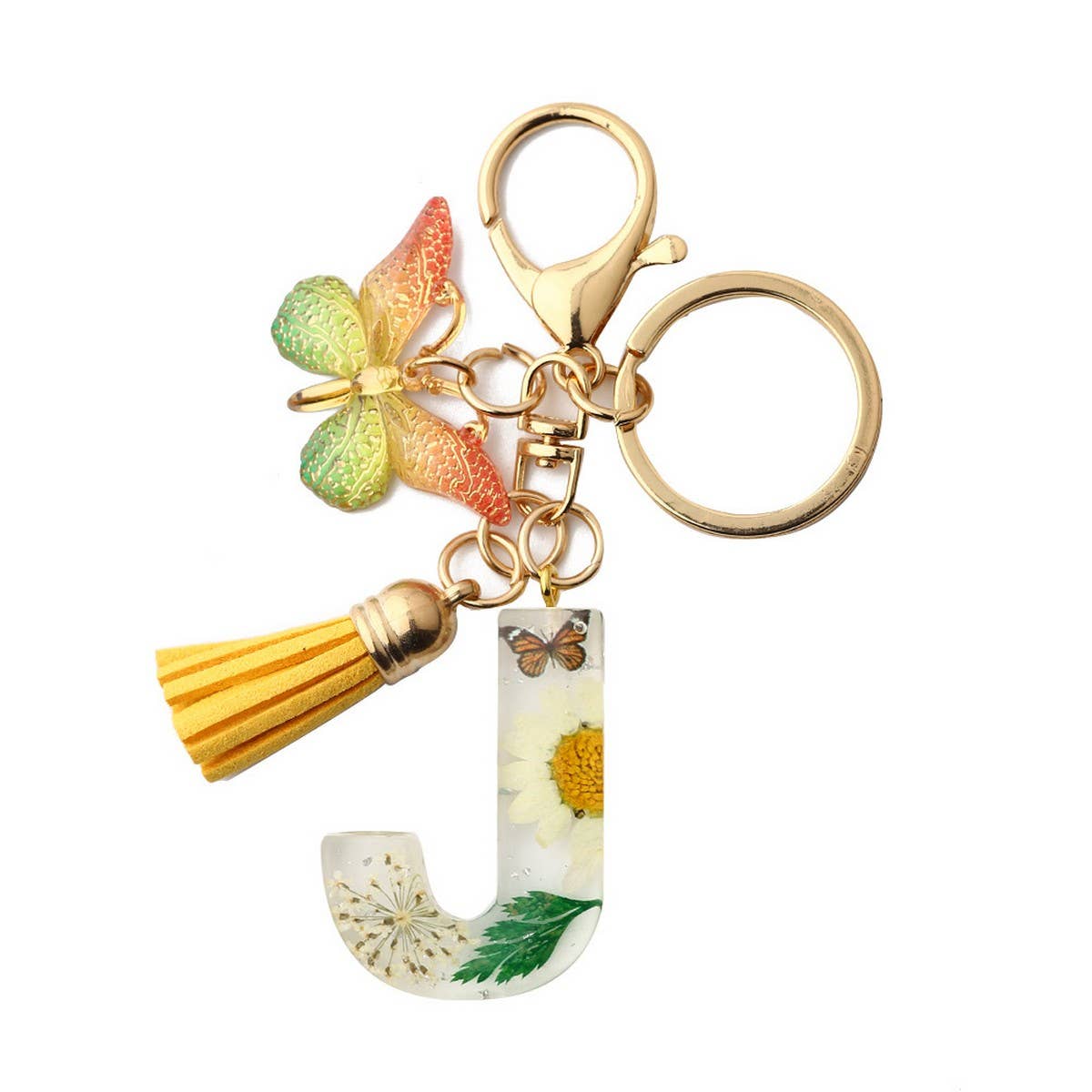 Flower Letter Keychain with Yellow Butterfly Charm_CWAB5090