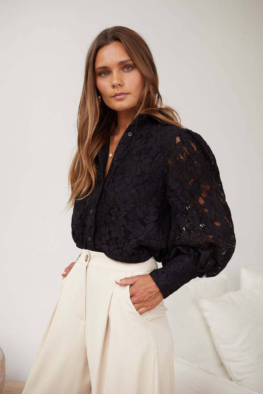 LAPEL SOLID COLOR LONG-SLEEVED CUT-OUT LACE SHIRT
