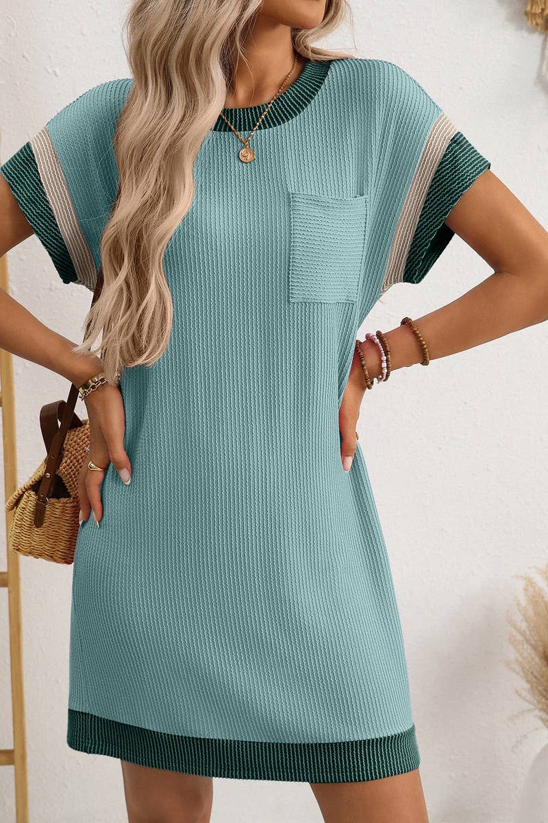 CWDSD8677_COLORBLOCK TWISTED STRIPE POCKET T-SHIRT DRESS