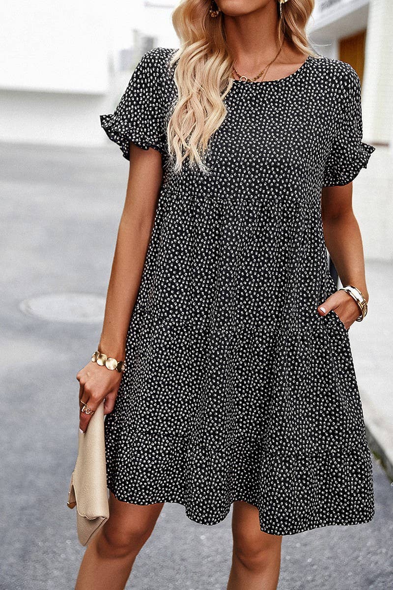 CWDSD2333_Round Neck Floral Ruffle Short Sleeve Dress