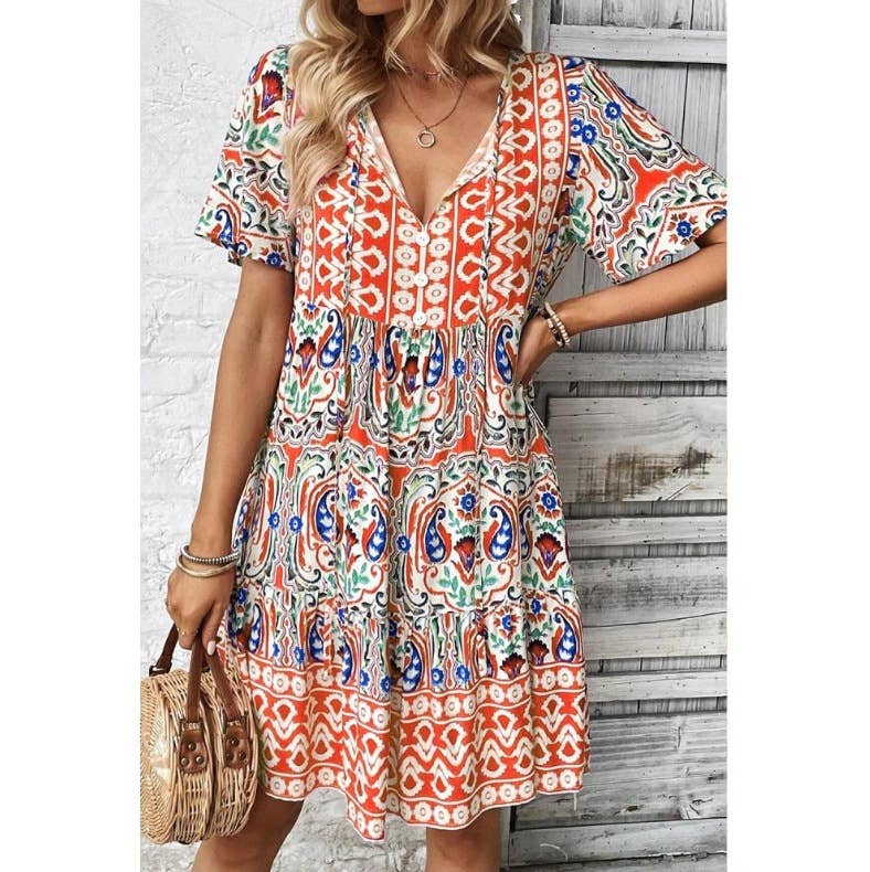Ethnic style prints loose V-neck short dress