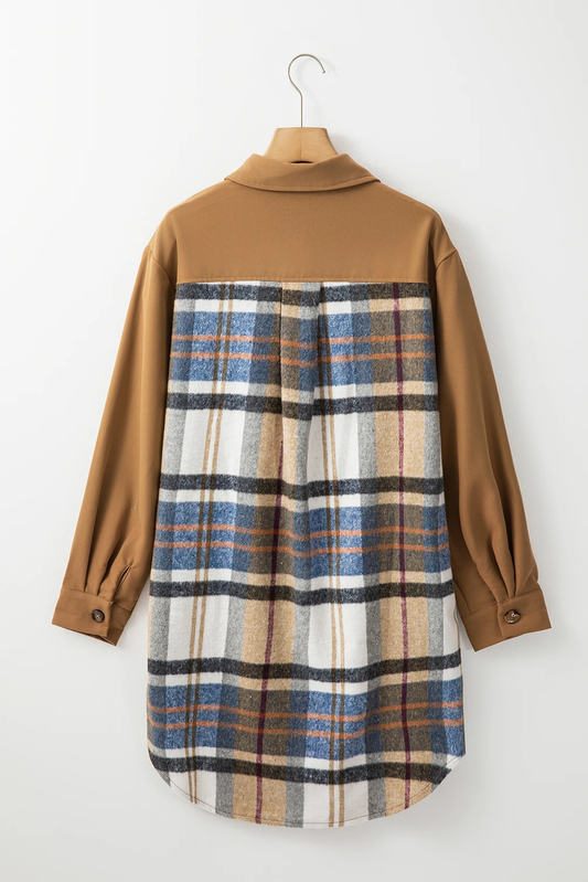 SINGLE BREASTED PLAID LOOSE POCKET SHIRT DRESS