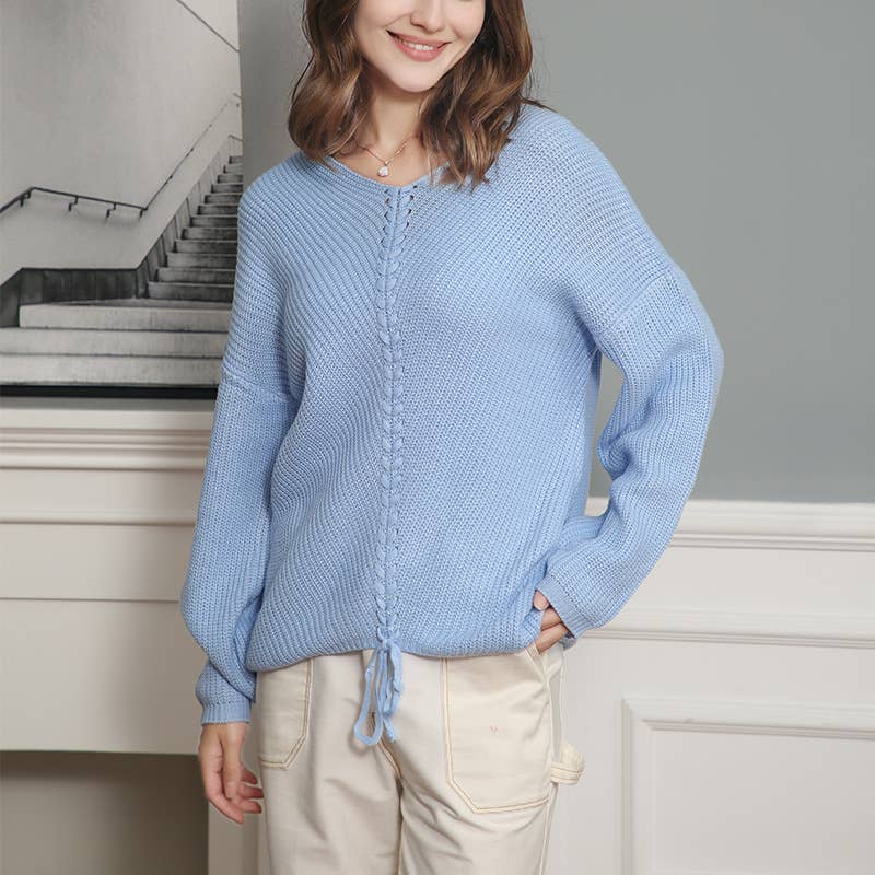LONG SLEEVE LOOSE DRAWSTRING V-NECK SWEATER WOMAN