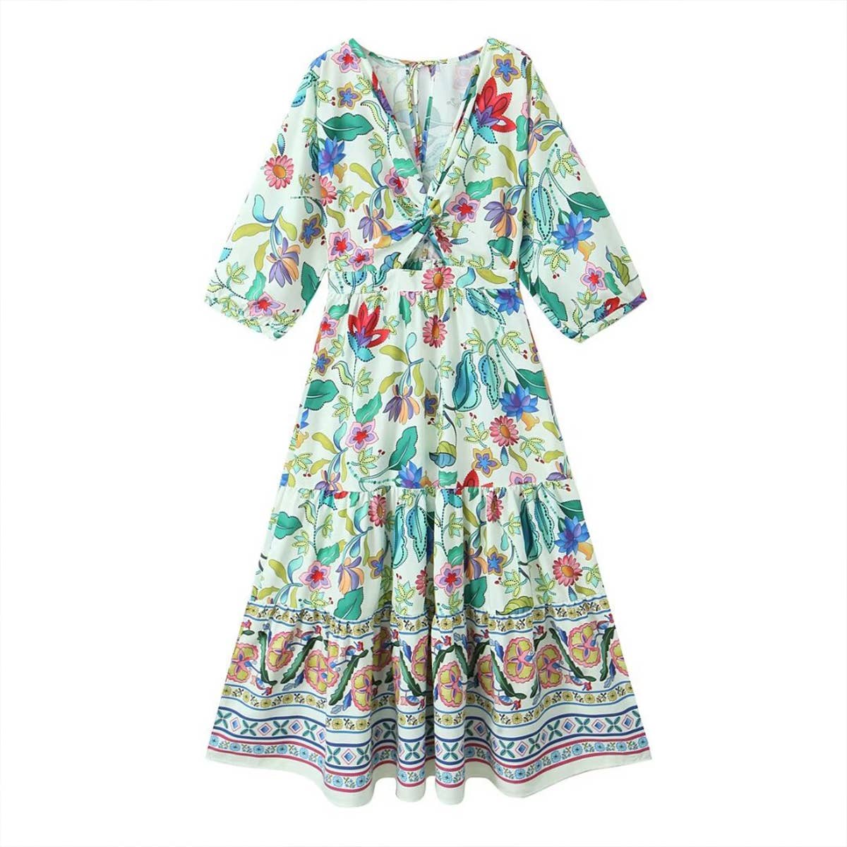 KNOTTED PRINTED LINEN BLEND DRESS