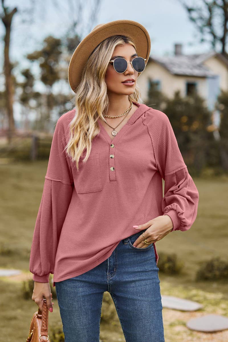 CWOHOL1095_NEW HOODED BUTTON LOOSE LONG-SLEEVED SWEATSHIRT